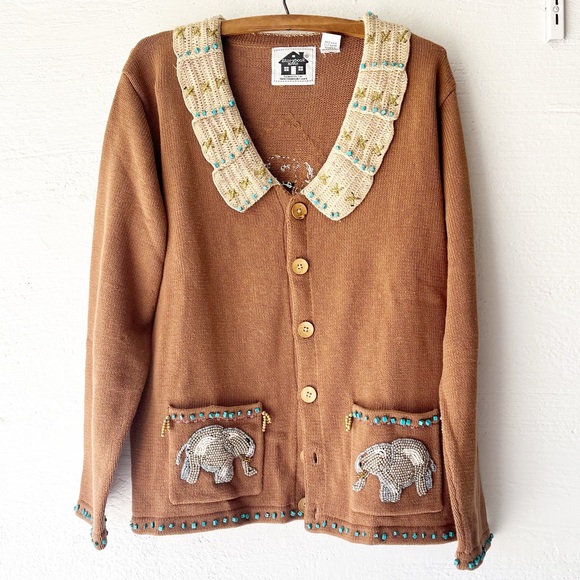 VINTAGE Storybook Knits Jeweled Safari Elephant Cardigan Sweater in Brown - Picture 1 of 9